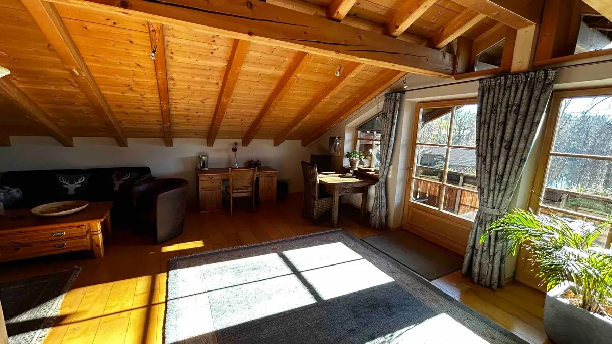 Living and dining area under the timber ceiling with windows facing the lake