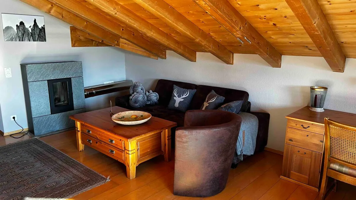 Living room with wood-burning stove, sofa and coffee table